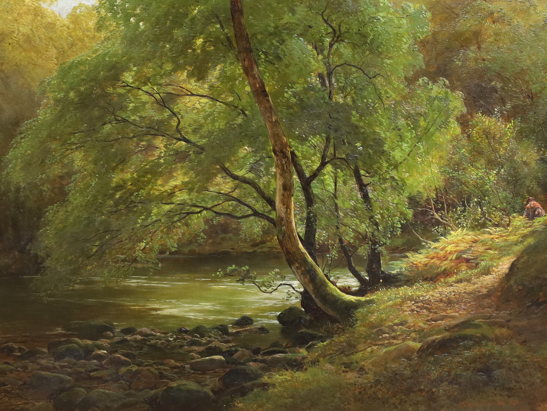 James Jackson Curnock (1839-1892), oil on canvas, Woodland stream, signed and dated 1883, 61 x 43cm, unframed
